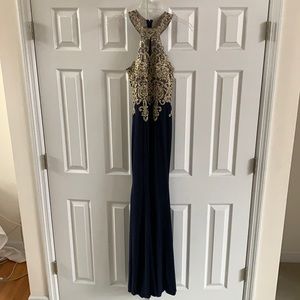 Navy and Gold Elegant Evening Gown